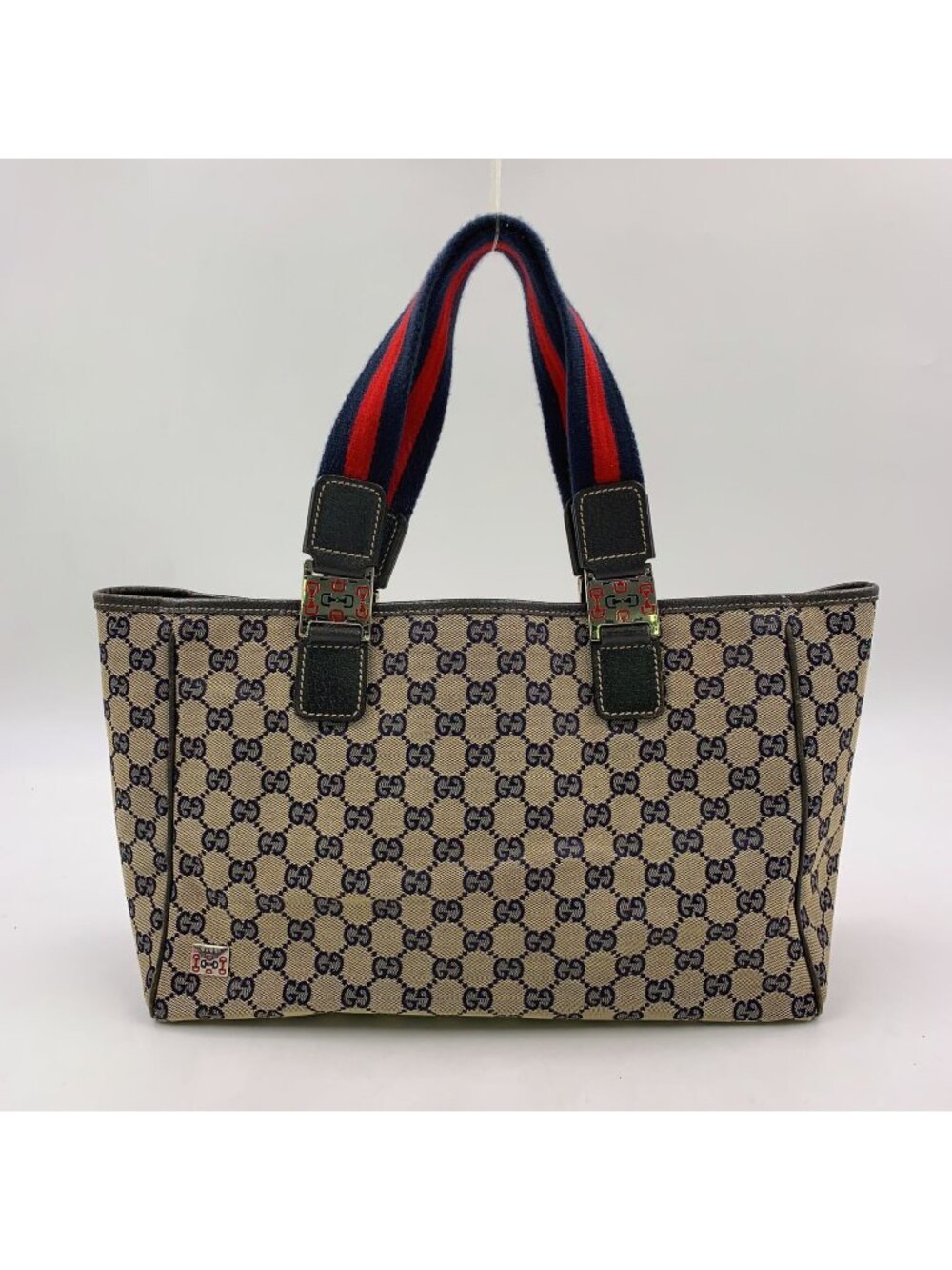 Gucci GG Canvas Sherry Line Leather Black Beige Tote Bag Silver